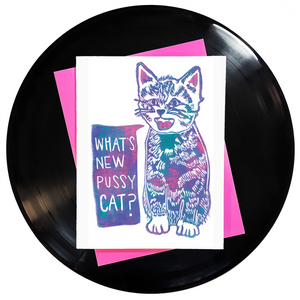 4.25" x 5.5" card What's New Pussycat? speech bubble text blue purple pink sitting kitten stamped image white background