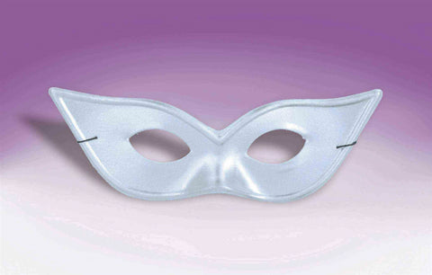 cat eye shaped "Harlequin" fabric covered molded plastic masquerade mask in metallic silver, with elastic band attachment