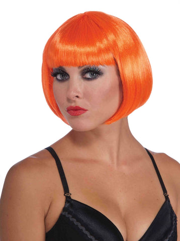 bright orange shiny straight chin length bob cut costume wig with bangs, shown on model