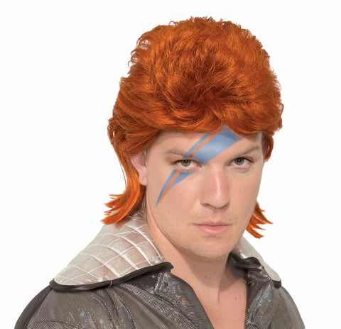 orange mullet wig styled to look like David Bowie as Ziggy Stardust, shown model