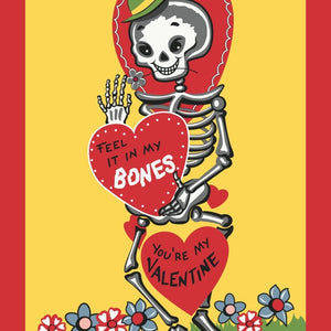 vintage style "feel it in my bones" "you're my valentine" message hearts and skeleton illustrated image 5" x 7" greeting card