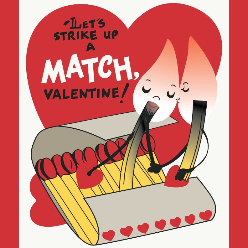 vintage style matchbook "Let's Strike Up a Match, Valentine!" message illustrated image 5" x 7" greeting card