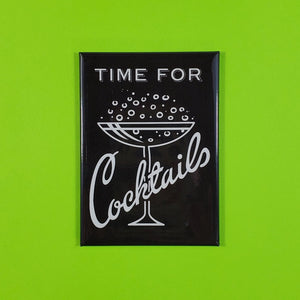 black with white vintage "Time for Cocktails" with glass of bubbly illustrated image 2.5" x 3.5" rectangular refrigerator magnet
