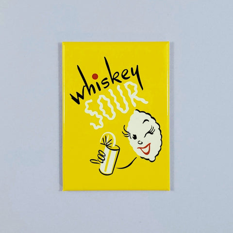 "whiskey SOUR" winking lady lemon holding a highball vintage illustrated image yellow background 2.5" x 3.5" rectangular refrigerator magnet