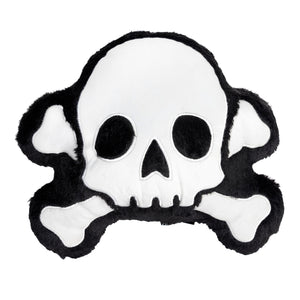 plush black faux fur with embroidered white details skull & crossed bones shaped pillow