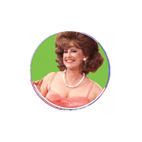 color photo portrait against green background of Lynne Marie Stewart in character as Miss Yvonne from Pee Wee's Playhouse on a 1.25" round metal pinback button