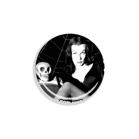 black and white photo image of Vampira and skull against spiderweb background on 1.25" round metal pinback button