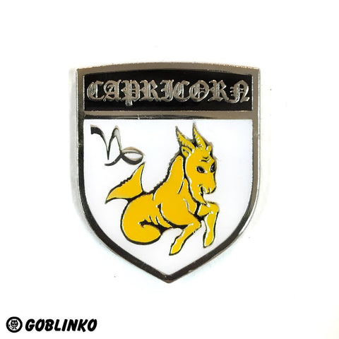 Capricorn black, white, and yellow shield shaped zodiac sign enameled silver metal clutch-back pin