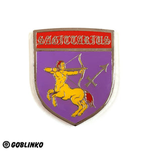 Sagittarius purple, red, and yellow shield shaped zodiac sign enameled silver metal clutch-back pin