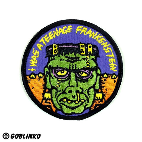 3" round embroidered "I Was A Teenage Frankenstein" yellow text over green monster against purple background patch