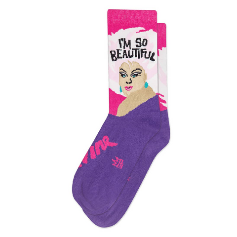 pair pink purple divine portrait "I'm So Beautiful" text crew socks