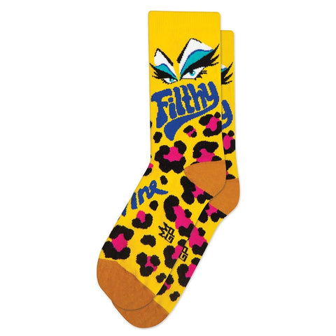 pair yellow hot pink leopard print Divine eyes "Filthy" text crew socks