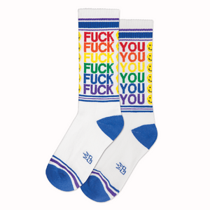 pair rainbow colors "Fuck You" text and yellow smiley face design white ribbed knit crew length gym socks