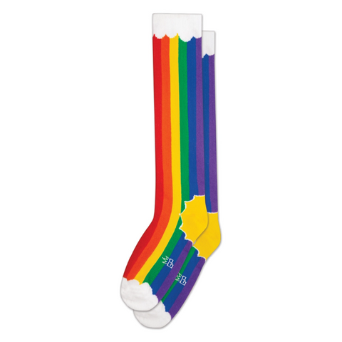 pair vertical rainbow stripes topped & toed by clouds with yellow sun heel soft stretch cotton blend knee socks