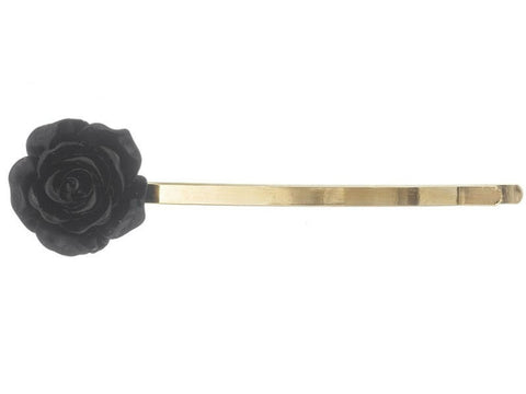 5/8" black resin plastic rose on shiny gold metal 2" hair pin