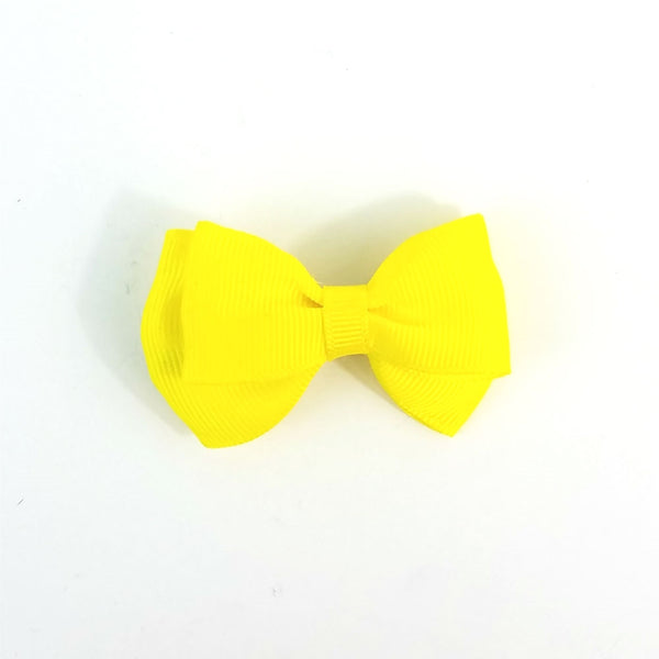 2 1/4" x 1 1/2" bow hair clip in bright yellow grosgrain ribbon with 2 1/4" gator clip fastener