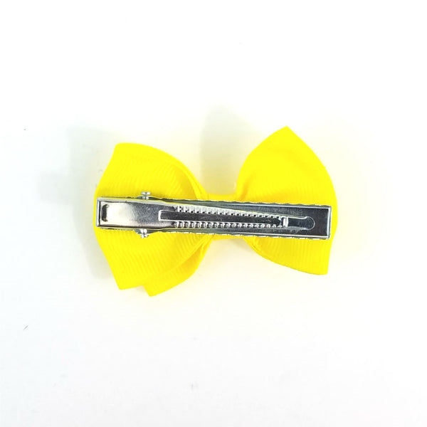 2 1/4" x 1 1/2" bow hair clip in bright yellow grosgrain ribbon with 2 1/4" gator clip fastener