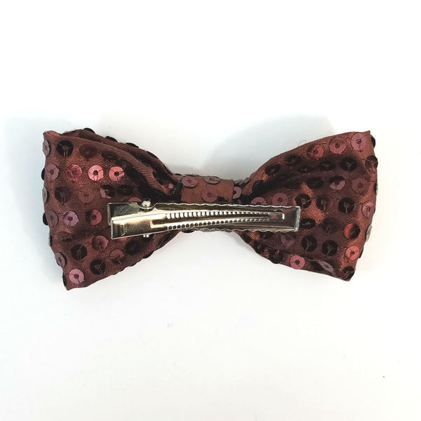 4" x 2" bow hair clip of in brown satin with shiny matching color sewn-on sequins and 2 1/8" gator clip fastener, back view