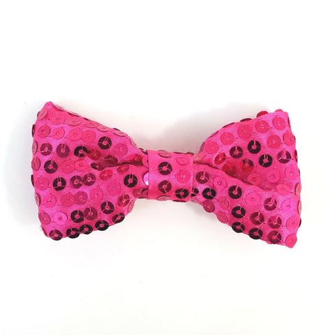 4" x 2" bow hair clip of in hot pink satin with shiny matching color sewn-on sequins and 2 1/8" gator clip fastener