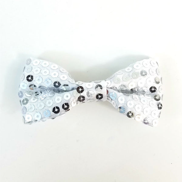 4" x 2" bow hair clip of in silvery grey satin with shiny matching color sewn-on sequins and 2 1/8" gator clip fastener