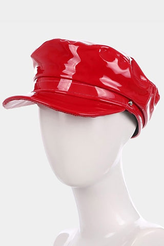 flat top biker cap in super shiny red patent faux leather