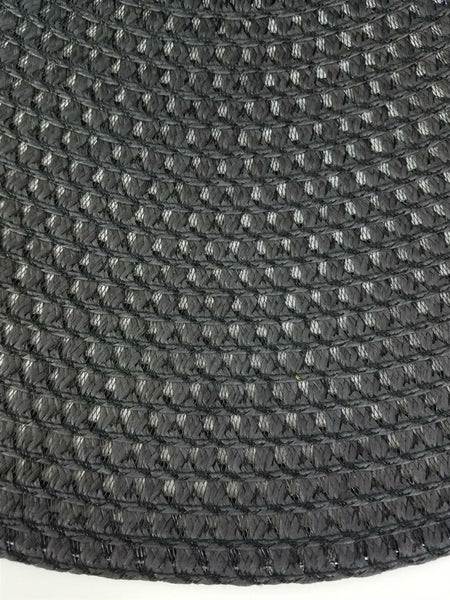close up view of 9.5" wide broad wired brim openwork woven paper over black net floppy black sun hat