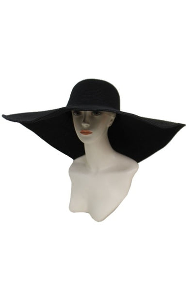 8" wide broad wired brim woven Toyo straw floppy black sun hat. shown on mannequin head display