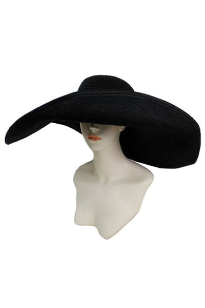 8" wide broad wired brim woven Toyo straw floppy black sun hat. shown with folded brim on mannquin head display         