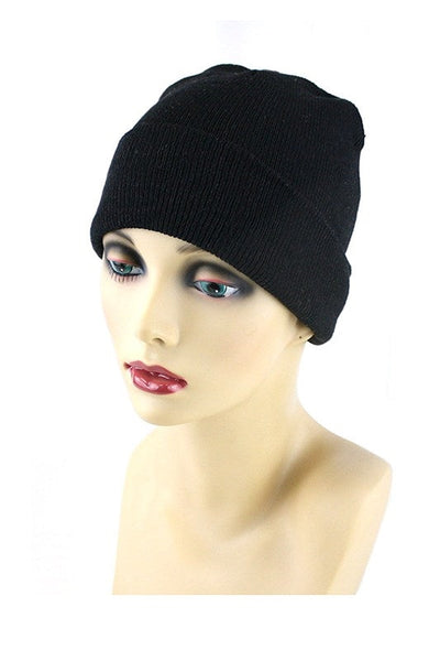 black knit cuffed beanie hat, shown on mannequin head