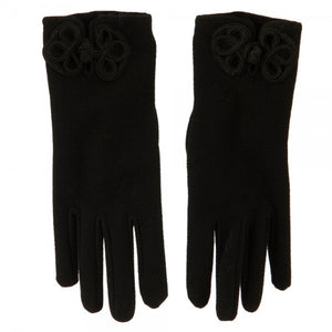pair of black brushed fiber stretch knit gloves with ornamental black cording button & loop "frog" fastener at the wrist