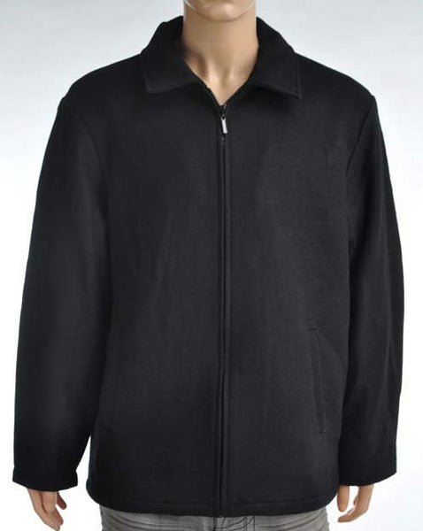 men's sizing black wool zip front "garage jacket" coat with pockets, shown on mannequin
