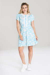 blue sky & white cloud print "Daydream" 100% Viscose shirtwaist flared skirt short sleeve mini dress, shown on model