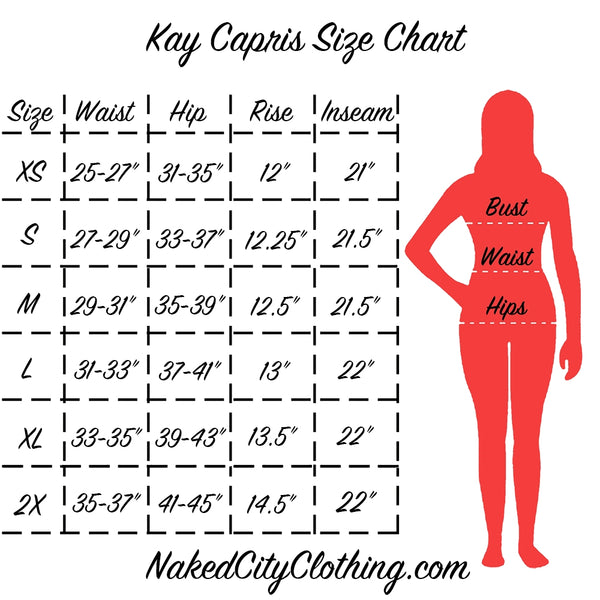"Kay Capris Size Chart" info graphic