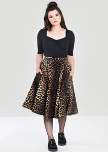leopard print cotton circle skirt below knee length, shown on model