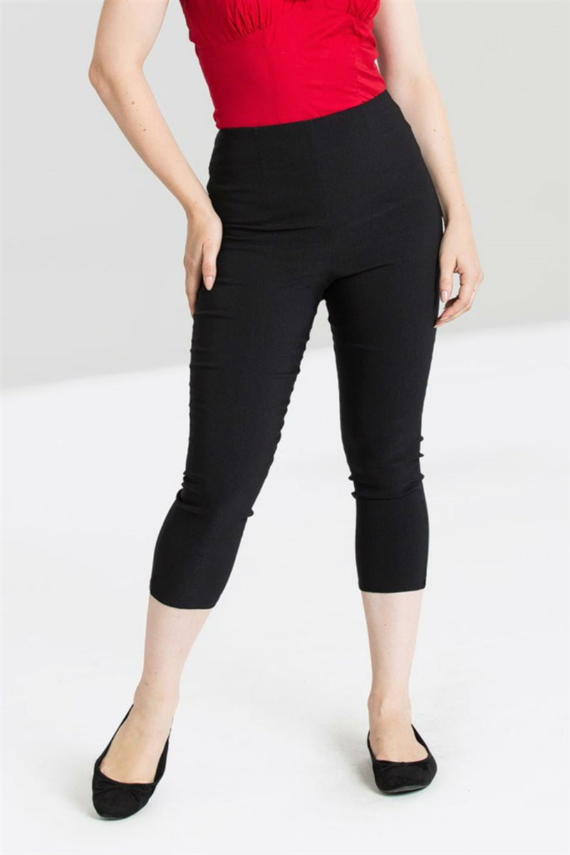 retro high waist fitted stretch capri length pants black, shown on model