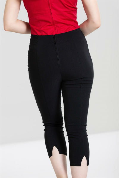 retro high waist fitted stretch capri length pants black, shown back view on model