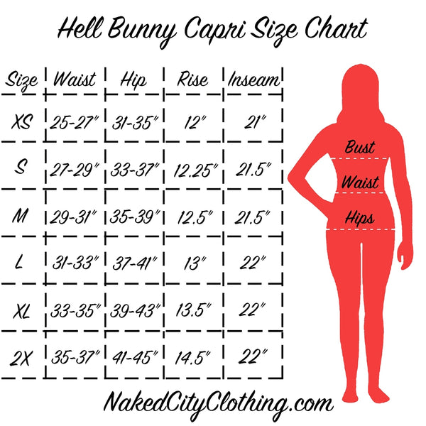 "Hell Bunny Capri Size Chart" info graphic