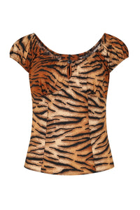 Tora retro style peasant top tiger print princess seamed fitted bodice, cap sleeves, and peek-a-boo keyhole opening with button detail at the bust