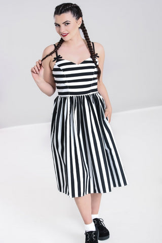 Juno 50s Dress black & white stripe print sweetheart neckline, fitted princess seamed bodice with adjustable black spaghetti straps and gathered just-below-the-knee length skirt, shown on model