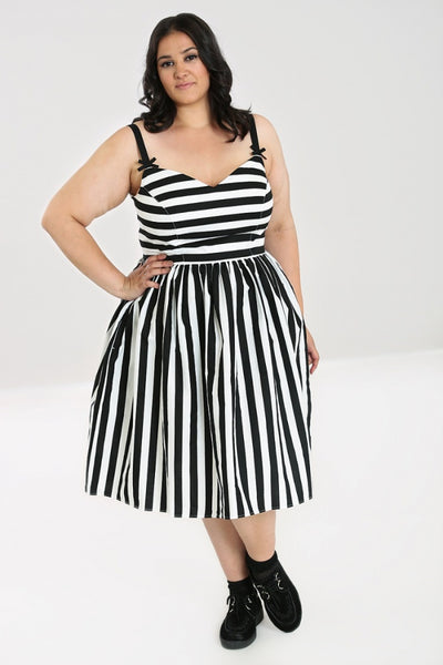 Juno 50s Dress black & white stripe print sweetheart neckline, fitted princess seamed bodice with adjustable black spaghetti straps and gathered just-below-the-knee length skirt, shown on model