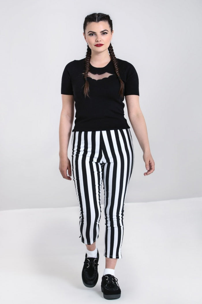 retro high waist fitted stretch capri length pants in vertical black & white stripe print, shown on model
