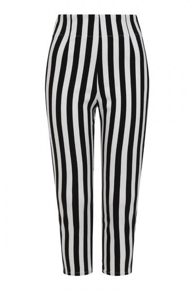retro high waist fitted stretch capri length pants in vertical black & white stripe print
