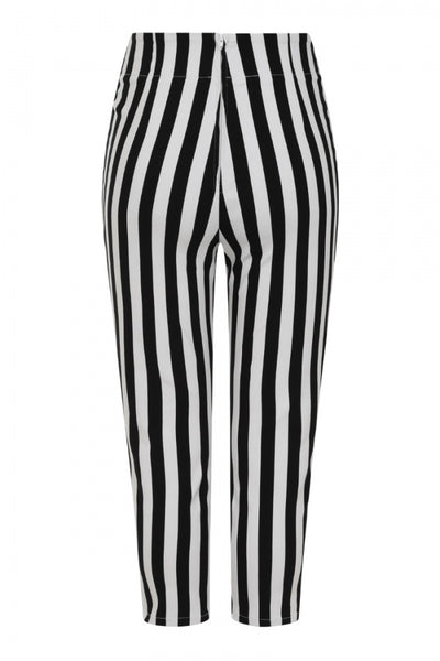 retro high waist fitted stretch capri length pants in vertical black & white stripe print, back view