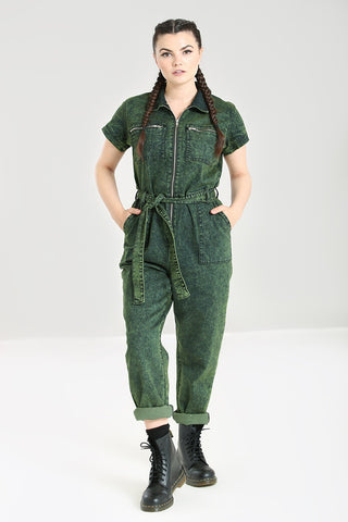 green on black acid wash effect zip-front boliersuit in thick stretch denim with short sleeves, large front hip pockets and zip-closure chest pockets, full-length inseam finished hem leg (shown cuffed), and self tie at waist. shown on model.