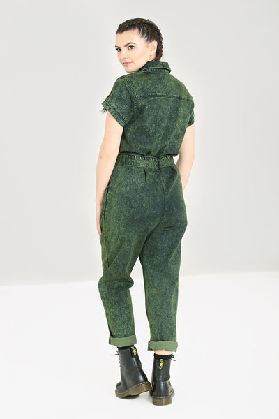 green on black acid wash effect zip-front boliersuit in thick stretch denim with short sleeves, large front hip pockets and zip-closure chest pockets, full-length inseam finished hem leg (shown cuffed), and self tie at waist. shown back view on model.