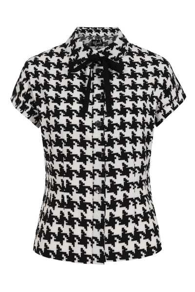 black and ivory houndstooth print short sleeve blose with black fabric tie at collar