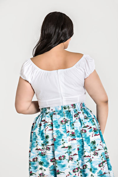 retro style white stretch cotton peasant top featuring princess seamed bodice, cap sleeves, and peek-a-boo keyhole opening with button detail at the bust, shown back view on model