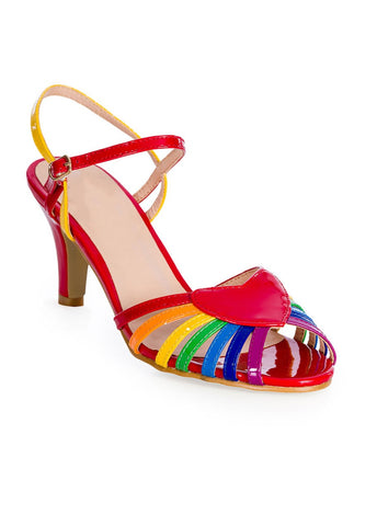 patent rainbow design strappy 2 1/2" heel sandals with red heart detail
