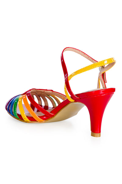 back view of patent rainbow design strappy 2 1/2" heel sandals with red heart detail