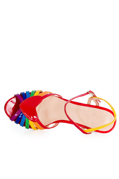 top view of patent rainbow design strappy 2 1/2" heel sandals with red heart detail